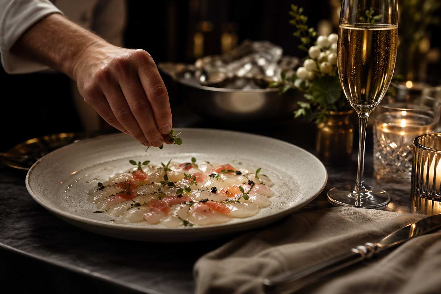 Elegant crudo and champagne in a cinematic private dining setting.