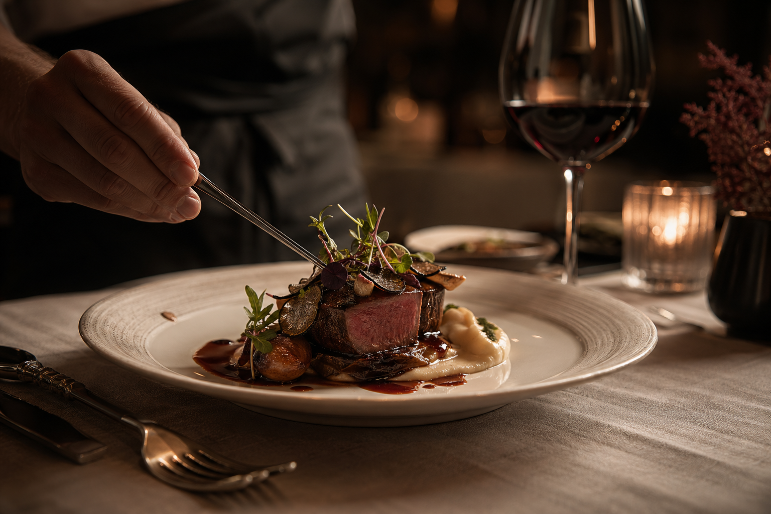 French-inspired plated dish in warm moody fine-dining light.