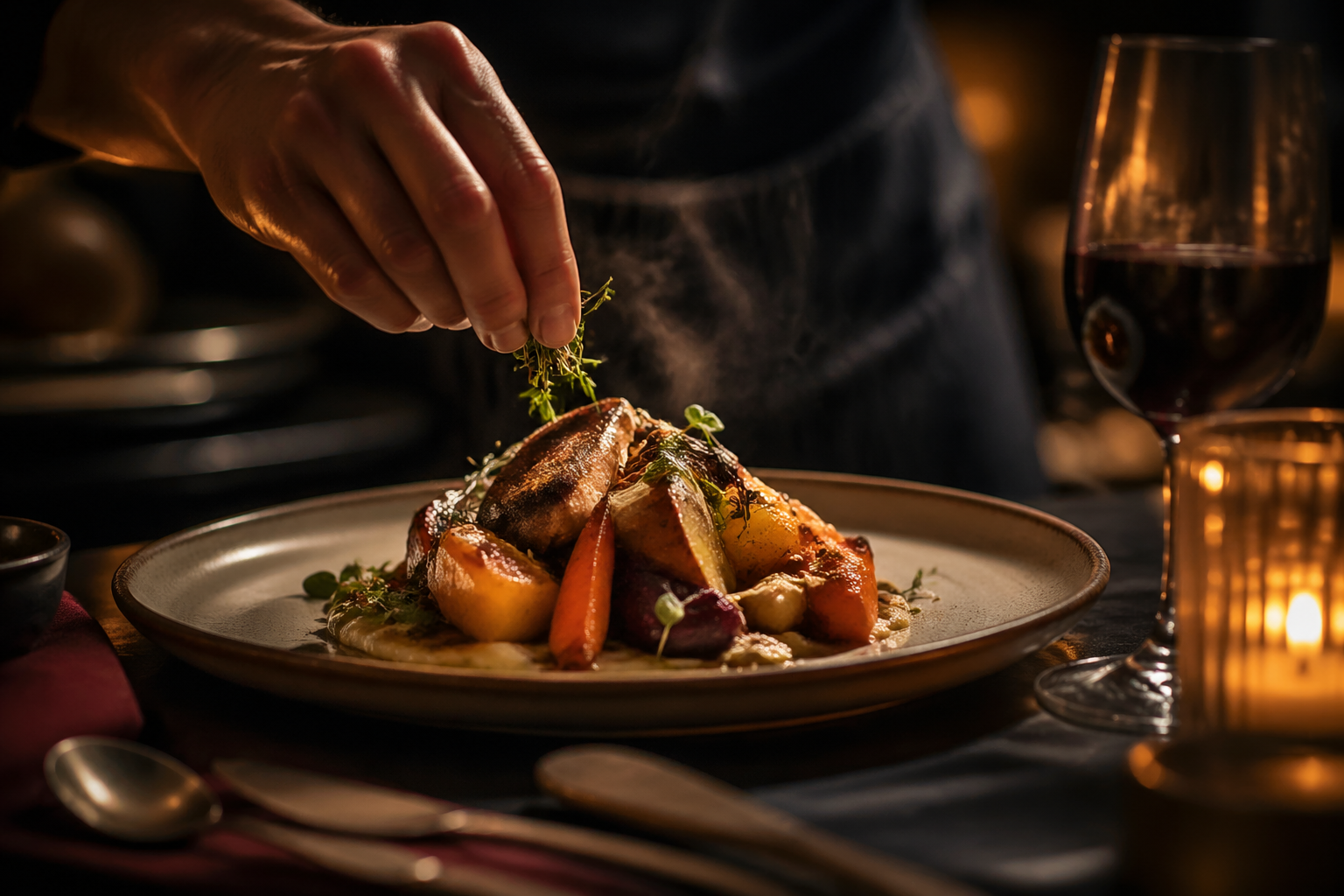 Seasonal autumn dish with warm moody service lighting and tactile detail.