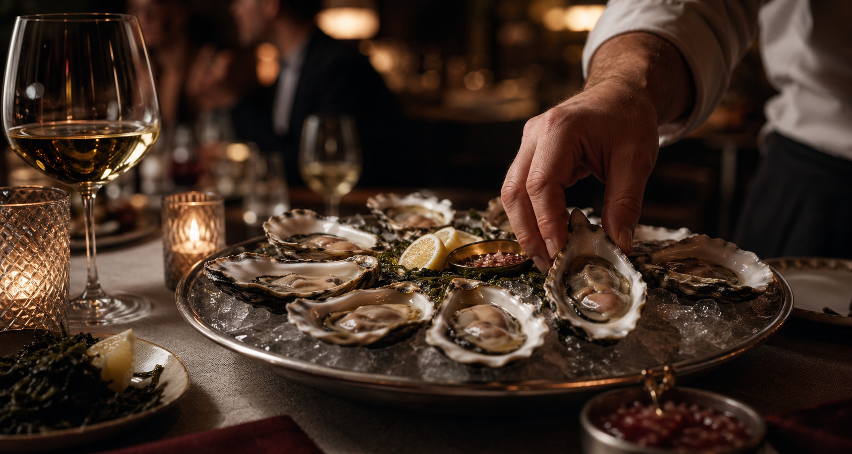 Refined oyster service photographed in warm candlelit editorial style.