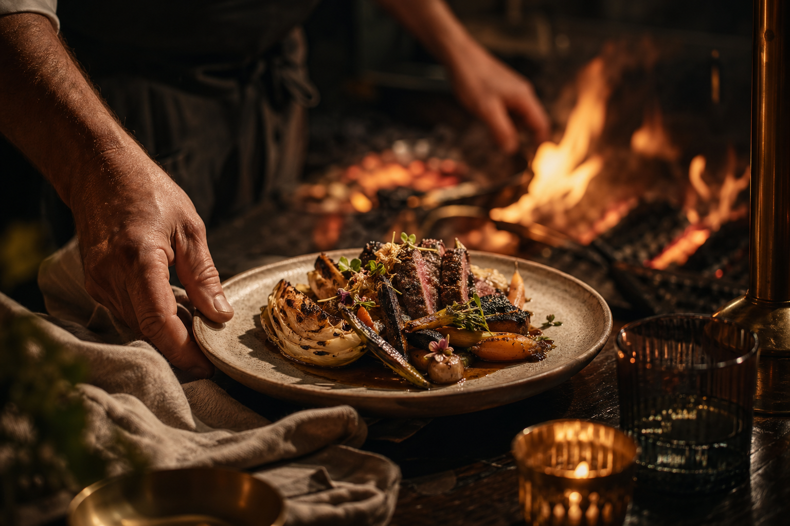 Woodfire-finished plated dish with warm ember glow and seasonal detail.